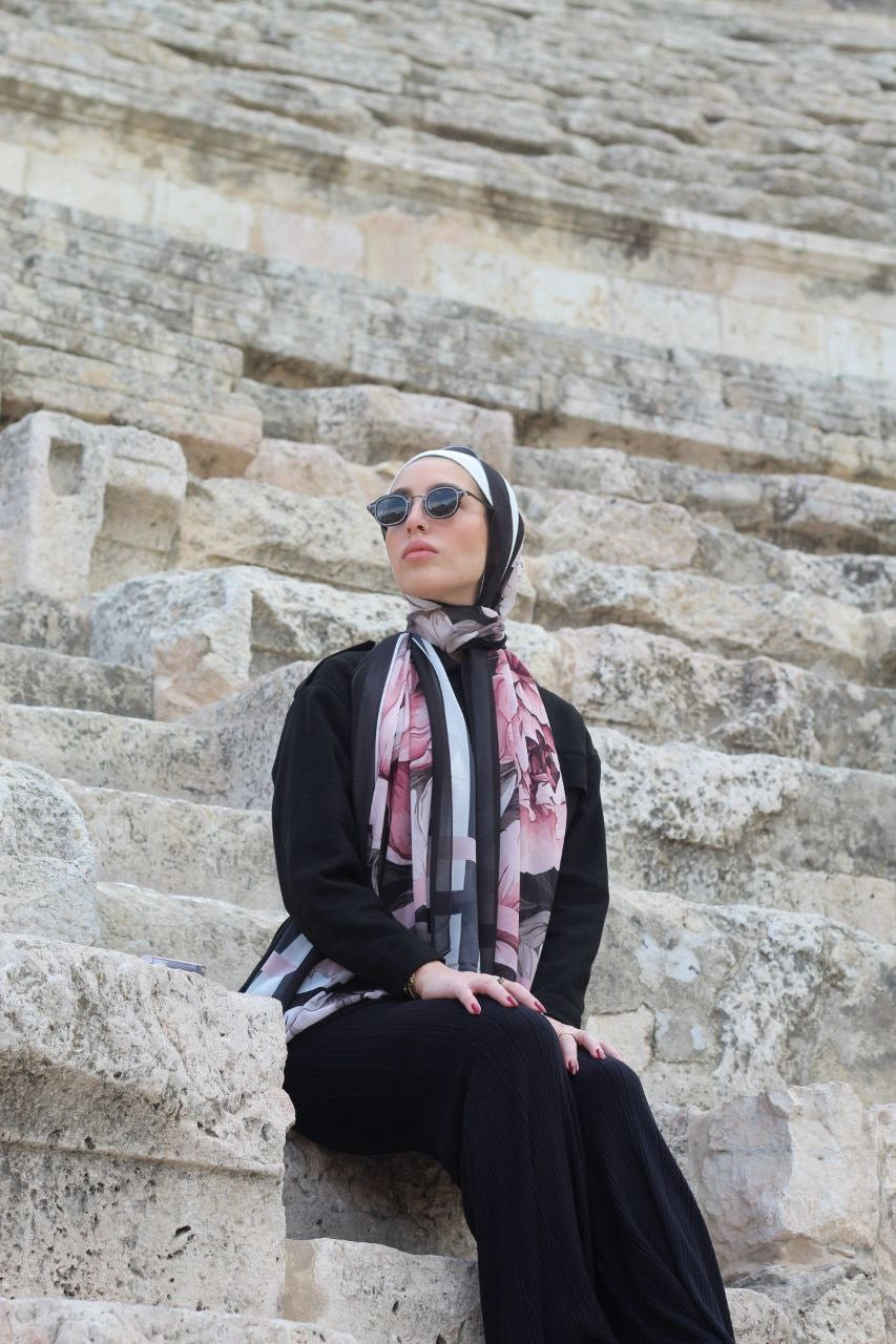 Framed Peonies – Elegant, Soft, Lightweight, and Comfortable Scarf Hijab for Daily Wear -حجاب شال أنيق ناعم خفيف ومريح للبس اليومي،