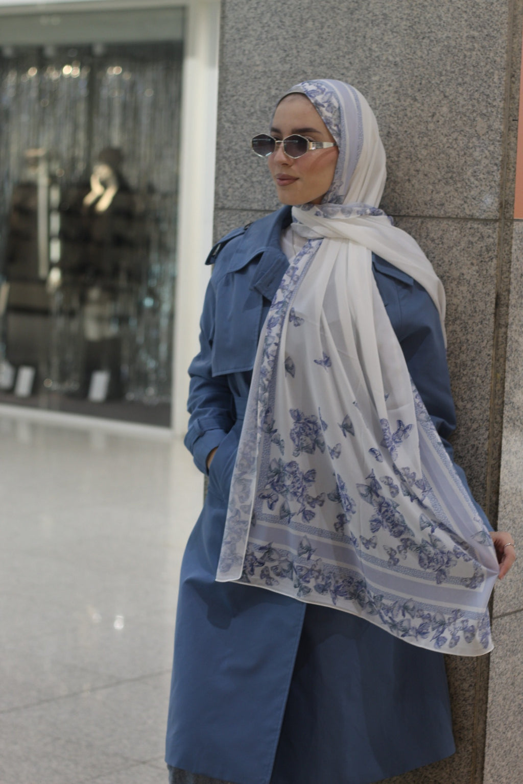 Blue Butterflies– Elegant Hijab– Soft & Lightweight -حجاب أنيق /شال ناعم وخفيف