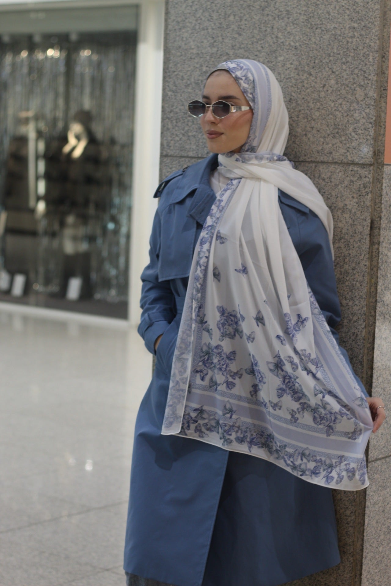 Blue Butterflies– Elegant Hijab– Soft & Lightweight -حجاب أنيق /شال ناعم وخفيف