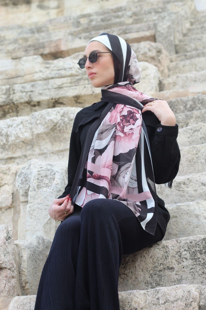 Framed Peonies – Elegant, Soft, Lightweight, and Comfortable Scarf Hijab for Daily Wear -حجاب شال أنيق ناعم خفيف ومريح للبس اليومي،